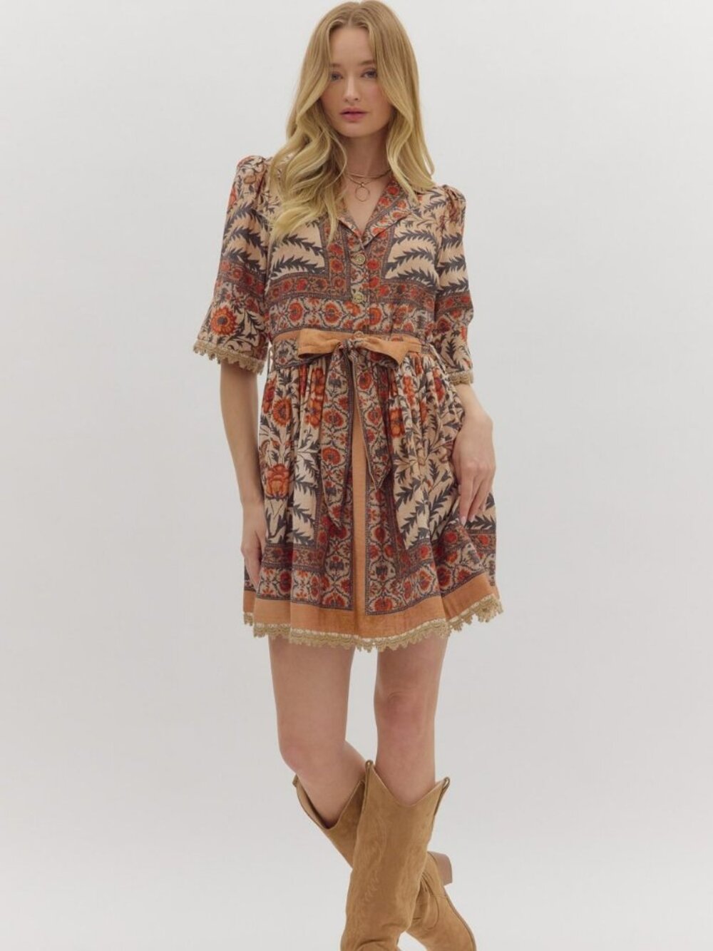 NWT Entro Charcoal Botanical Puff Sleeve Mini Dress with Lace Trim & Pockets